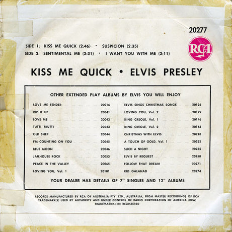 Elvis Presley With The Jordanaires : Kiss Me, Quick (7", EP)