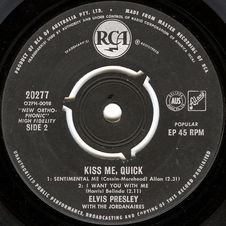 Elvis Presley With The Jordanaires : Kiss Me, Quick (7", EP)