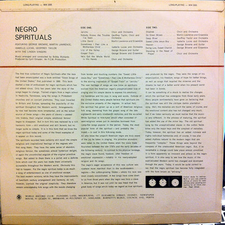 The New World Show Orchestra, The Linden Singers, George Browne, Martin Lawrence (6), Isabelle Lucas, Geoffrey Taylor : Negro Spirituals (LP, Club, RE)