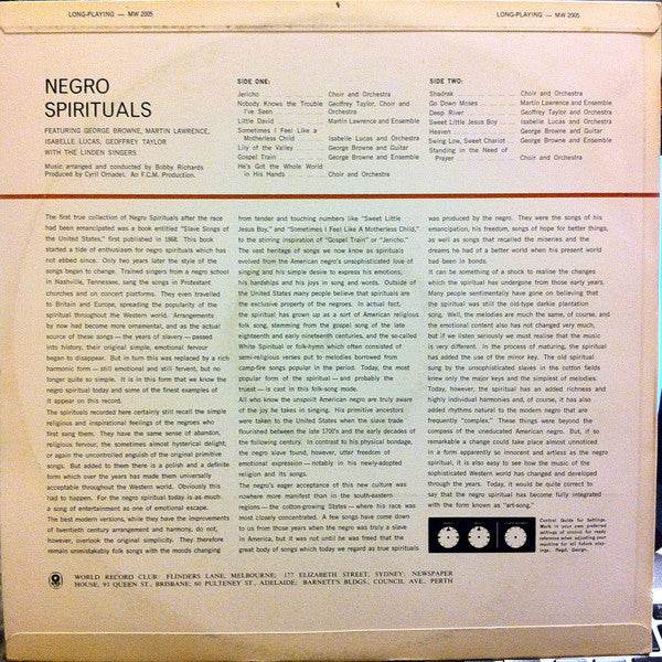 The New World Show Orchestra, The Linden Singers, George Browne, Martin Lawrence (6), Isabelle Lucas, Geoffrey Taylor : Negro Spirituals (LP, Club, RE)