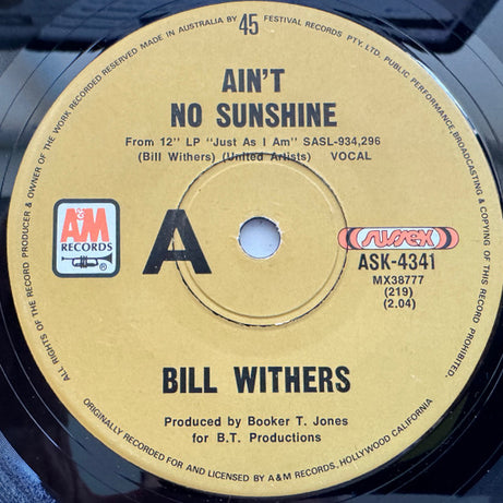 Bill Withers : Ain't No Sunshine (7", Single)