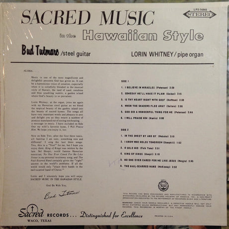 Bud Tutmarc, Lorin Whitney : Sacred Music In The Hawaiian Style (LP)