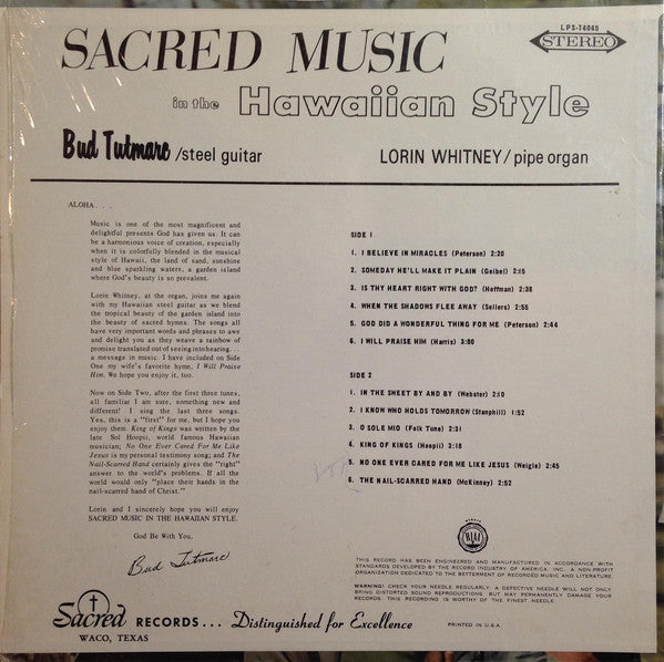 Bud Tutmarc, Lorin Whitney : Sacred Music In The Hawaiian Style (LP)