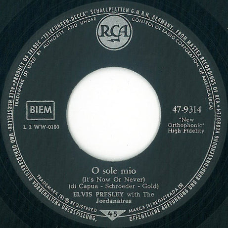 Elvis Presley : O Sole Mio (It's Now Or Never) (7", Single, Mono, RP, Lar)