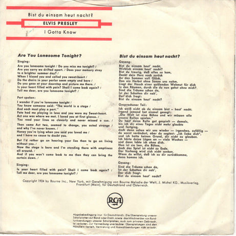 Elvis Presley : Bist Du Einsam Heut Nacht? (Are You Lonesome Tonight?) (7", Single)