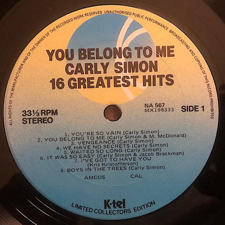 Carly Simon : You Belong To Me 16 Greatest Hits (LP, Comp, Lim)