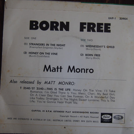 Matt Monro : Born Free (7", EP)