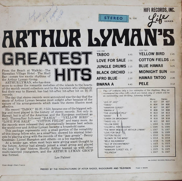 Arthur Lyman : Arthur Lyman's Greatest Hits (LP, Comp)