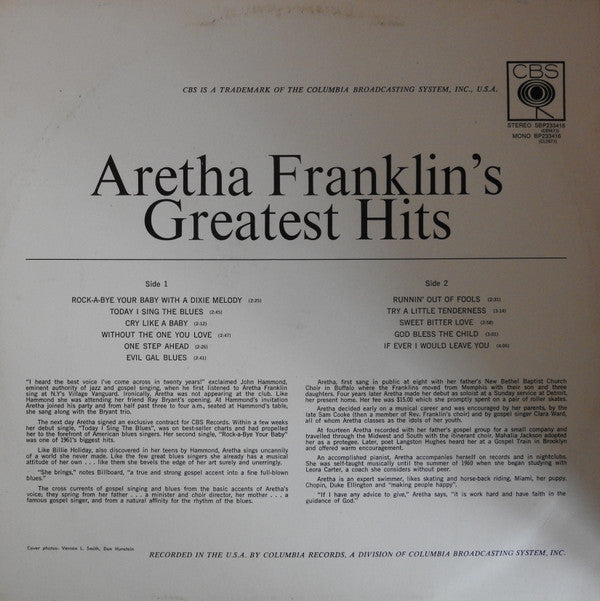 Aretha Franklin : Aretha Franklin's Greatest Hits (LP, Comp)