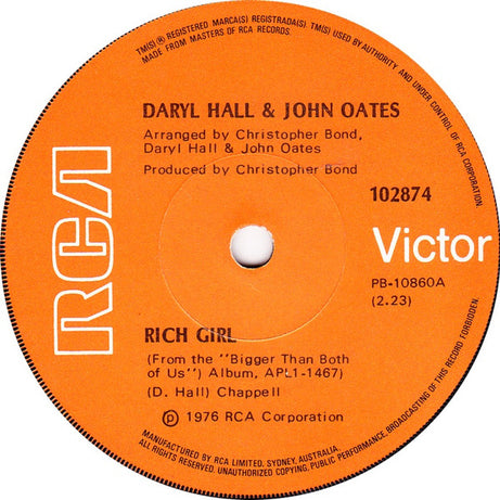 Daryl Hall & John Oates : Rich Girl (7", Single)