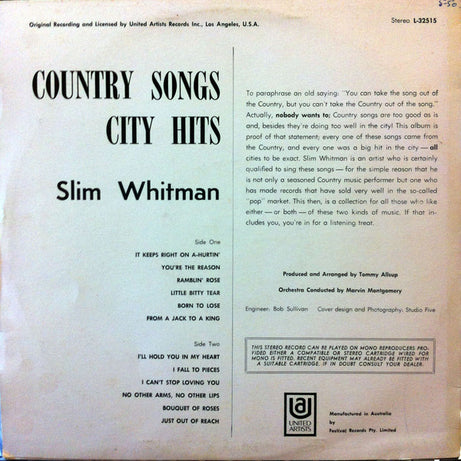 Slim Whitman : Country Songs / City Hits (LP, Album)
