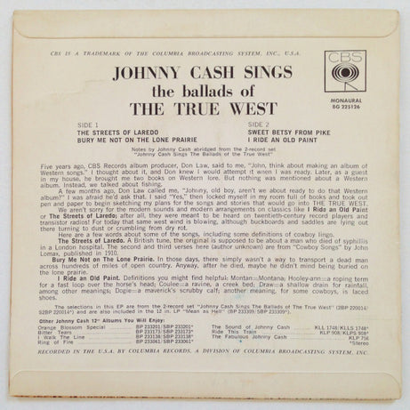 Johnny Cash : Sings The Ballads Of The True West (7", EP, Mono)