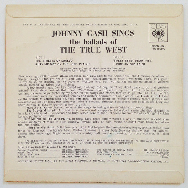 Johnny Cash : Sings The Ballads Of The True West (7", EP, Mono)