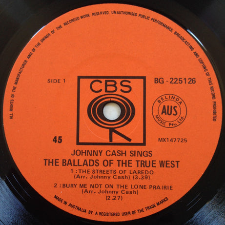 Johnny Cash : Sings The Ballads Of The True West (7", EP, Mono)