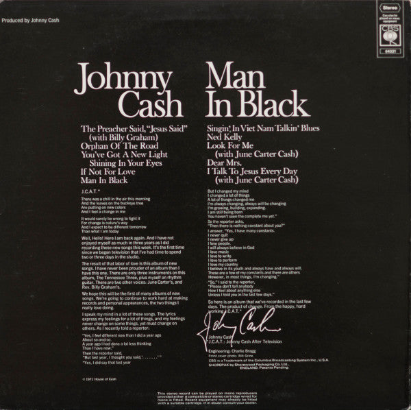 Johnny Cash : Man In Black (LP, Album)