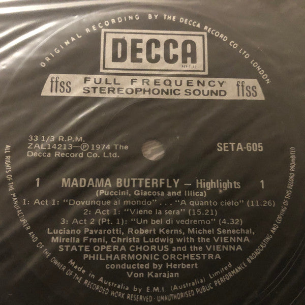 Giacomo Puccini - Mirella Freni · Luciano Pavarotti · Christa Ludwig · Robert Kerns / Wiener Philharmoniker / Herbert von Karajan : Madame Butterfly (Highlights) (LP)