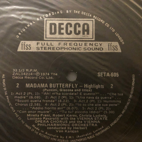 Giacomo Puccini - Mirella Freni · Luciano Pavarotti · Christa Ludwig · Robert Kerns / Wiener Philharmoniker / Herbert von Karajan : Madame Butterfly (Highlights) (LP)