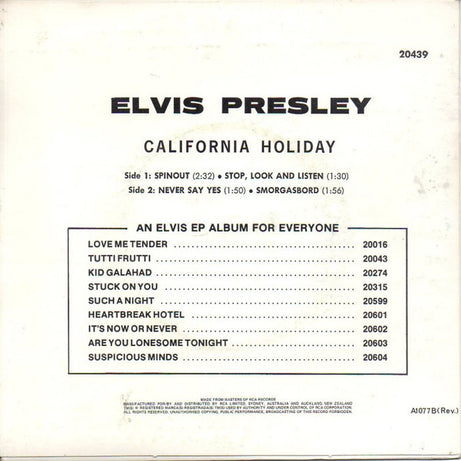 Elvis Presley With The Jordanaires : California Holiday (7", EP)