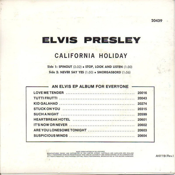 Elvis Presley With The Jordanaires : California Holiday (7", EP)