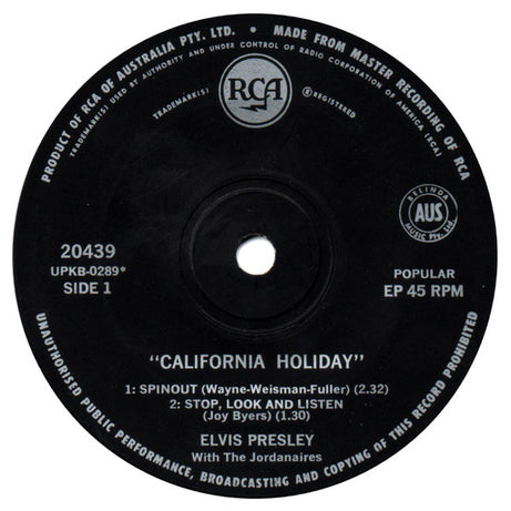 Elvis Presley With The Jordanaires : California Holiday (7", EP)