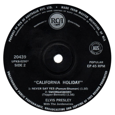 Elvis Presley With The Jordanaires : California Holiday (7", EP)