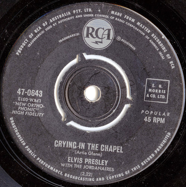 Elvis* : Crying In The Chapel / I Believe In The Man In The Sky (7", Single, Mono, 3 P)